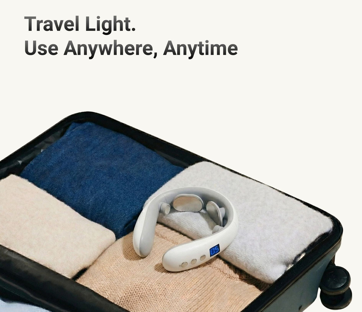 White neck pillow in a suitcase with text 'Travel Light. Use Anywhere, Anytime' on a white background