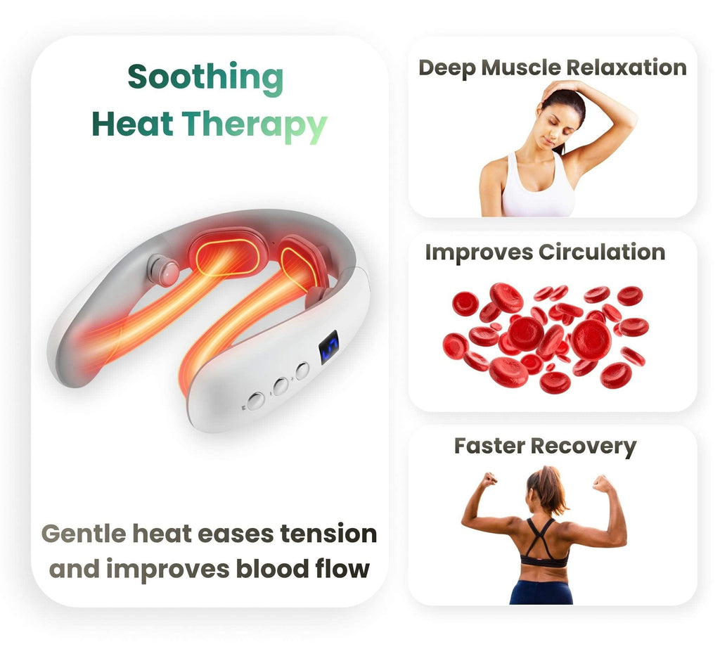 Heat therapy device with benefits listed on a white background